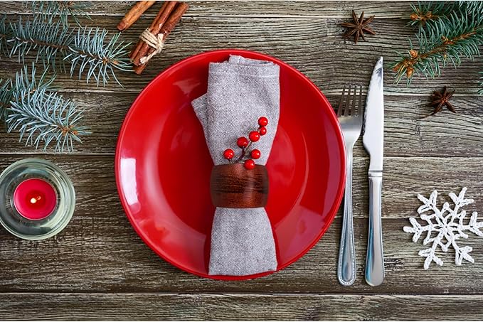 Wooden Napkin Rings Set of 12 Handmade Napking Holders for Dining Tableware, Thanksgiving, Party, Table Décor (Rounded)