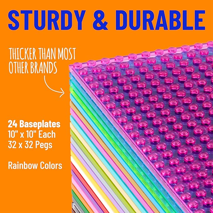 Strictly Briks Stackable Baseplates - 24 Pack 10"x10", 32x32 Studs, Compatible with Lego for Building City Scenes, Foundation, Displays Bricks on Play Table, Kids Easter Gift, Rainbow