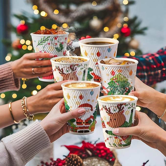 SIUQ 12 oz Christmas Coffee Cups - 50 Pack Disposable Insulated Paper Cups, Christmas Hot To Go Coffee Cups, Leak Proof Holiday Party Supplies for Office Home Celebrations