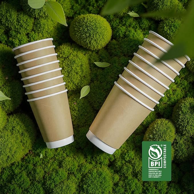 12 oz Hot Cups Compostable Coffee Cups -120 Pack Double Wall Paper Cups, BPI Certified PLA Coated Compostable Cups, Natural Kraft To-go Disposable Coffee Cups for Office Coffee Bar To Go Travel