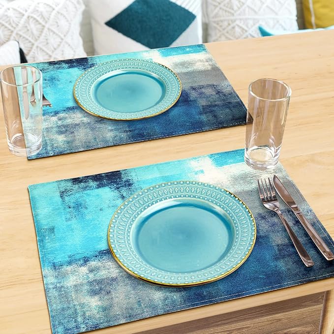 Turquoise and Grey Placemats Set of 4 Modern Art Teal Placemats Heat Resistant Non-Slip Artwork Dining Placemats Washable Table Mats for Home Kitchen Decor