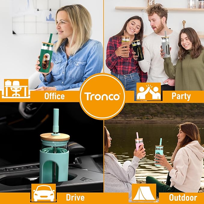 Tronco 20oz Glass Tumbler with Bamboo Lid and Straw, Reusable Iced Coffee Cup for Boba Tea, Smoothies & Cold Drinks, Spill-Proof Glass Cup with Silicone Sleeve, Dishwasher Safe, BPA-Free (Pack of 2)