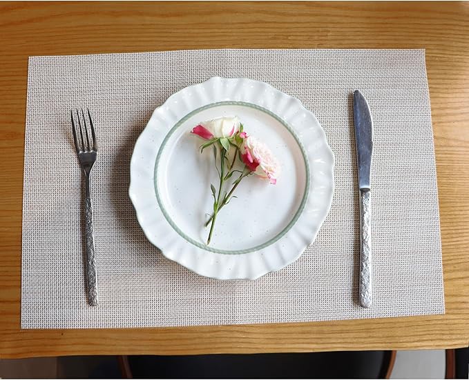 Placemats Set of 4,Heat Resistant Non-Slip Table Mats,Place mats for Dining Table,Washable Durable PVC Vinyl Woven Placemat（Beige）