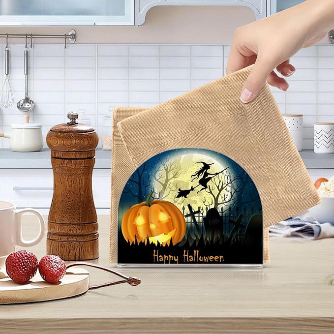 Napkin Holder Halloween Witch Pumpkin Crystal Clear Acrylic Napkin Holders, Paper Napkin Holder Dining Table Dispenser for Kitchen Restaurant Home Decor Bar Accessories