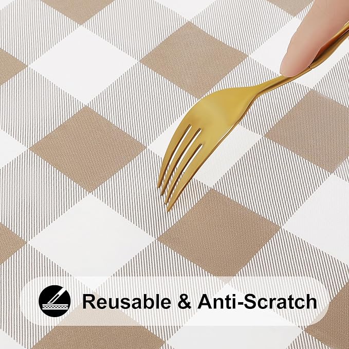 Smiry Rectangle Picnic Table Cloth, Elastic Waterproof Fitted Vinyl Tablecloths, Flannel Backed Buffalo Plaid Table Covers for Dining, Camping, Outdoor (White and Khaki, 36" x 96")