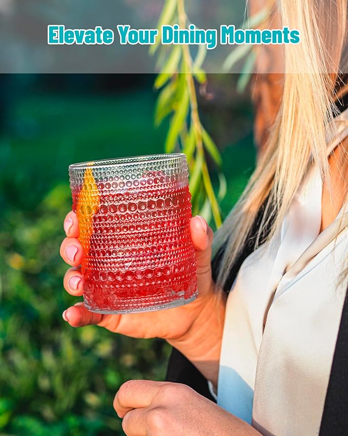 Vintage Dot-Pattern Drinking Glasses Set of 4 – 14.5 oz Clear Short Glass Cups – Embossed Textured Glassware with Anti-Slip Grip, Water Juice Soda Cocktail Tumblers – Thick Glass, Dishwasher Safe