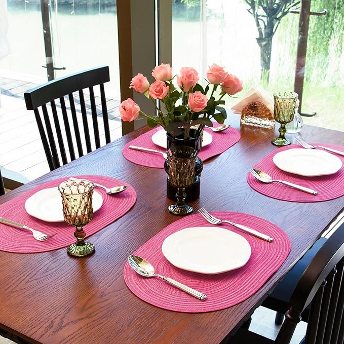 Noctiflorous Oval Braided Placemats Set of 4 Woven 12x18 Inch Non Slip Washable Heat Resistant Place Mats Tablemats for Dining Kitchen Party Daily Table Decor Dinner Mats (Hot Pink, 4)