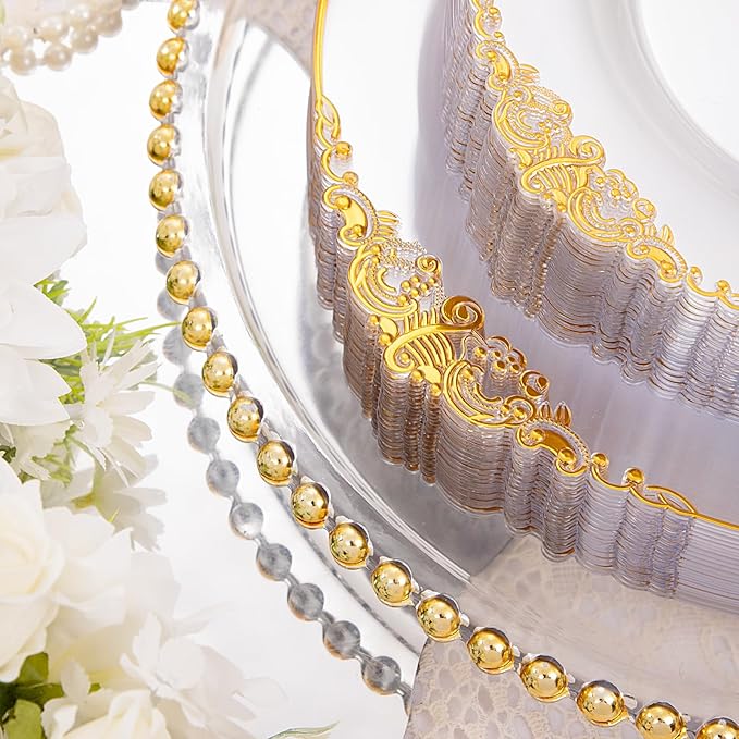 Hioasis 175pcs Clear and Gold Plastic Plates - Elegant Disposable Dinnerware Set Suitable for 25 Guests Include 10.25" Dinner & 7.5" Dessert Plates, Pre Rolled Silverware Set, Cups for Party & Wedding