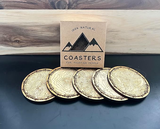 Pacific Northwest Mountains Wooden Coasters | Set of 5 | Topography Coasters Active (Walnut)