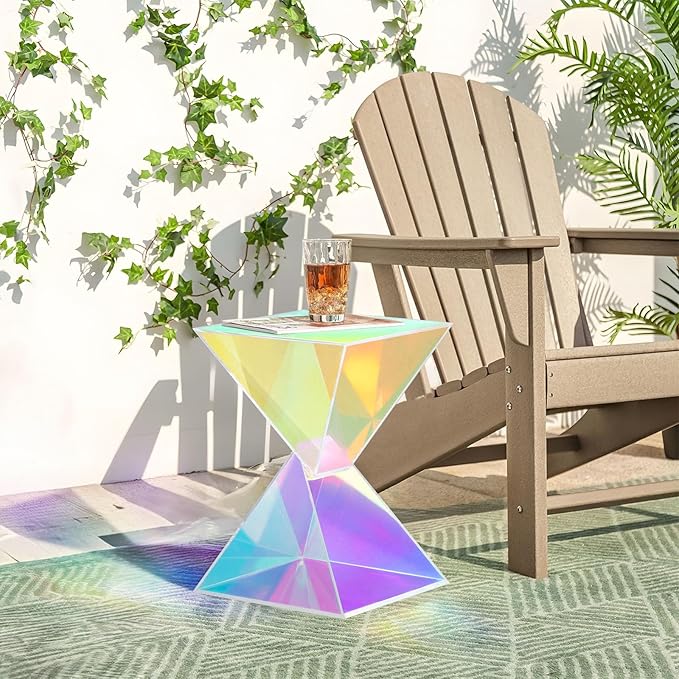 BECHAEO 12.6" Iridescent Acrylic Side Table, Small End Tables for Small Spaces, Modern Acrylic End Tables Living Room Nightstand with Irregular, Lightweight Farmhouse Outdoor Side Tables for Patio