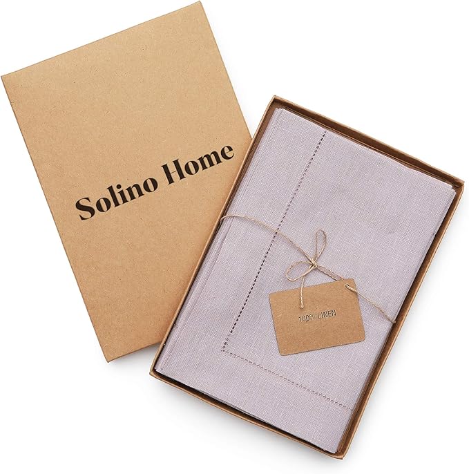 Solino Home Linen Napkins Set of 4 - Classic Hemstitch 100% Pure Linen Lilac Dinner Napkins Cloth 20 x 20 Inch for Valentines, Spring, Easter - Handcrafted and Machine Washable