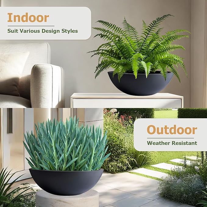 7.7" H x 22" D Round Bowl Fiberstone Planter for Succulent and Lotus with Drainage Hole, Smooth Finishes, Weather Resistant, Included 2 Extra Coco Mats (Black, 19.9" Pot Opening)