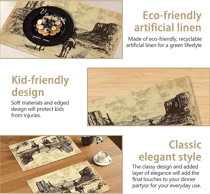 Vintage Western Cowboy 12x18 Inch Placemats Set of 6 - Waterproof, Non-Slip & Washable Table Mats for Kitchen & Dining Table Placemats