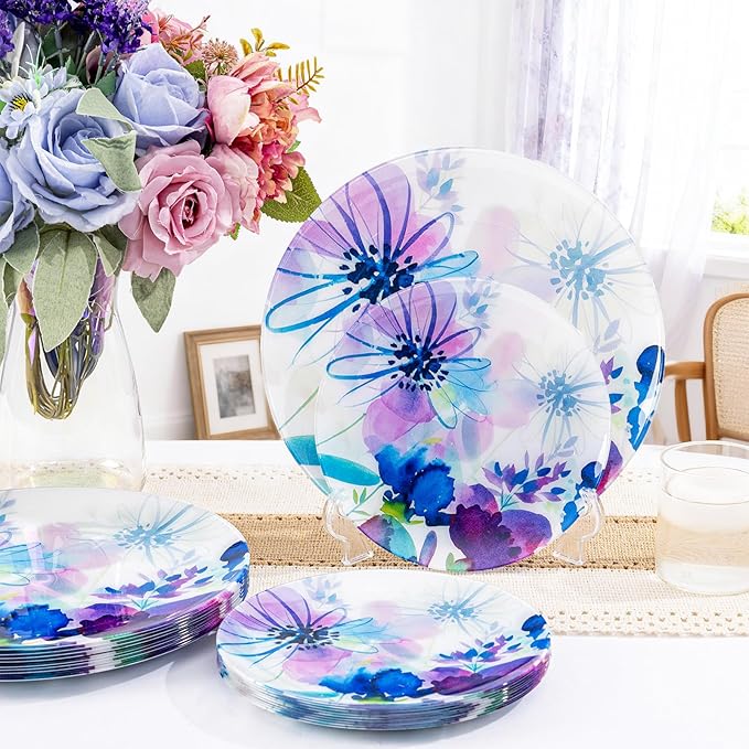 DaYammi 20Pcs Purple Plastic Plates with Watercolor Floral Plates Heavy duty Watercolor floral Plastic Plate 10.25 inch Dinner plates and 7.5 inch Dessert plates for Valentine's Day Party Wedding