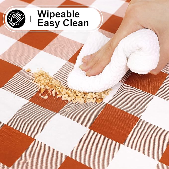 misaya Round Waterproof Vinyl Table Cloth, Buffalo Flannel Backed Tablecloth, Wipeable Plastic Table Cover for Dinner, Kitchen, Picnic, (60", Rust and White)