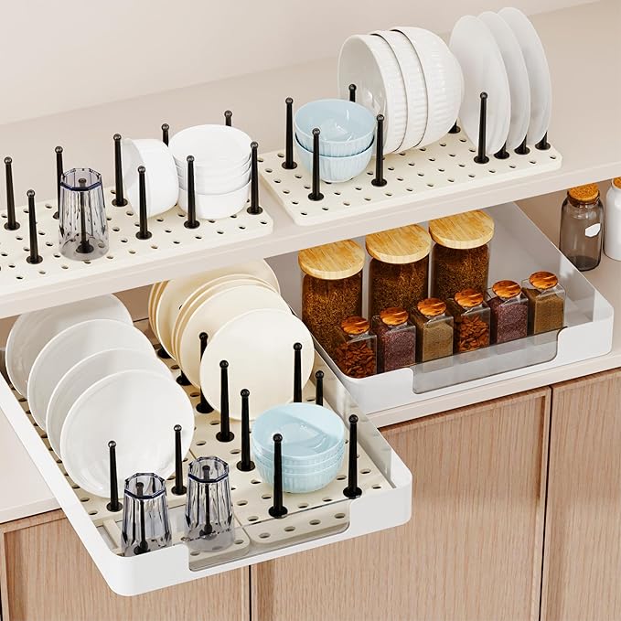 3pcs Pegboard Dish Drying Rack - Countertop Cabinet Organizer for Plates, Cups | Fits Drawer Storage & Book Holder (Beige)