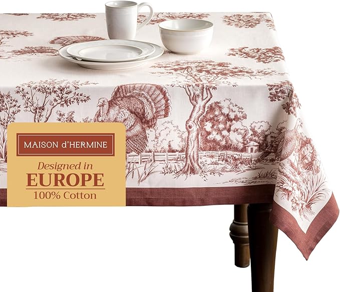 Maison d' Hermine Table Cloth Rectangle Table 100% Cotton 60 x 120 Inches Fall Tablecloth Reusable Everyday Use for Thanksgiving Christmas Decorations Dining Farmhouse Party (Holy Jouy - Brown)