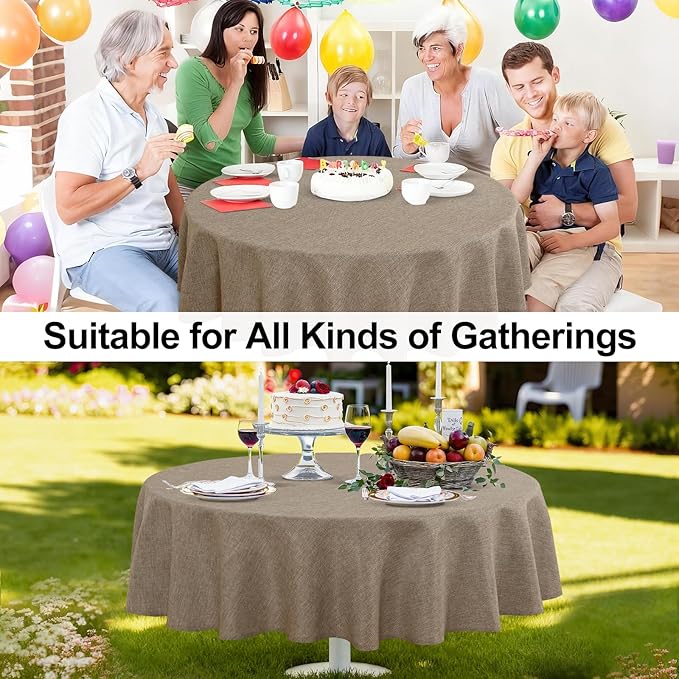 JIUZHEN Faux Linen Round Tablecloths 102 inch, Decorative Wrinkle Free Texture Rustic Circle Table Cloth Cover for Kitchen, Dining, Party, Wedding, Outdoor Use (102 Inch Round,Khaki)