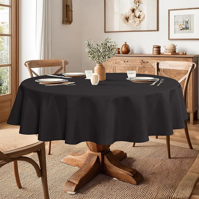 JIUZHEN Round Tablecloth Linen Textured Wrinkle Stain Resistant Farmhouse Table Cloth Decorative Fabric for Kitchen, Dining, Party, Wedding,Outdoor Use,80 Inch Round,Black