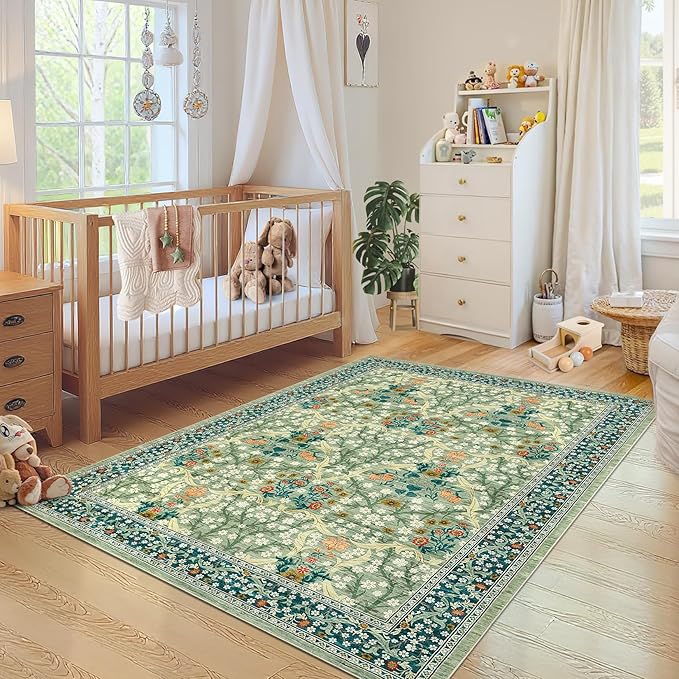 GarveeHome Floral 3x5 Area Rugs for Entryway, Washable Kitchen Rug Non Slip, Low Pile Bedroom Rug, Ultra Soft Stain Resistant Small Carpet for Laundry Room, Sage Green