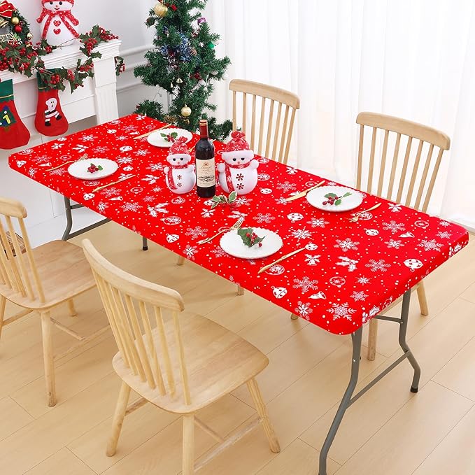 Smiry Plastic Christmas Tablecloth, Snowflake Wipeable Flannel Backed Vinyl Tablecloth, Waterproof Elastic Fitted Table Cover for Christmas Dinner, and New Year Celebration (White & Red, 30x48 Inches)