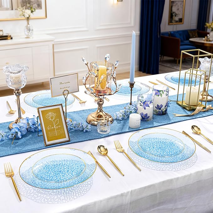 Rubtlamp 150Pcs Blue Plastic Plates, Gold Plastic Dinnerware Set For 30 Guest, Hammered Heavy Duty Plates with Gold Rim Include 30Dinner Platos, 30Salad Platos,90 Cutlery