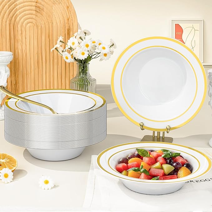 BESTVIP 100 Pack Plastic Bowls with Gold Rim, 12 oz Disposable Soup Bowls, Heavy-duty Dessert Salad Bowl for Party, Wedding, Christmas, Dinner, Catering
