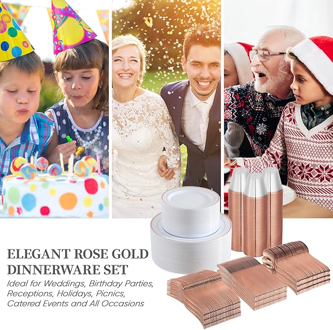 FOCUSLINE 600 Ct Rose Gold Dinnerware Set for 100 Guests - Rose Gold Rimmed Disposable Plastic Plates, Includes 100 Dinner & Salad Plates, Cups, Cutlery Set for Wedding Parties