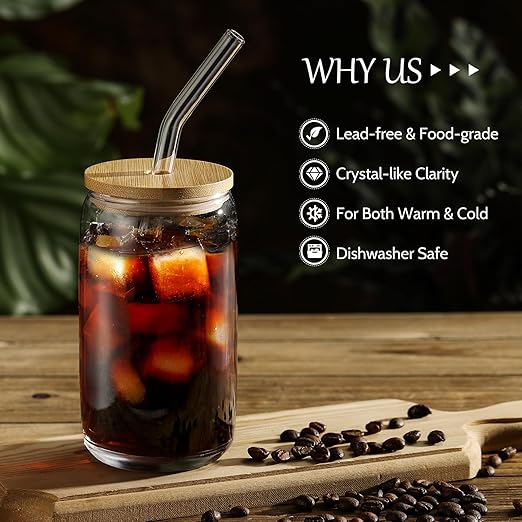 VITEVER [ 20pcs Set ] Glass Cups with Bamboo Lids and Glass Straw - Beer Shaped 16 oz Iced Coffee Drinking Glasses, Cute Tumbler Cup for Smoothie, Boba Tea, Whiskey, Water