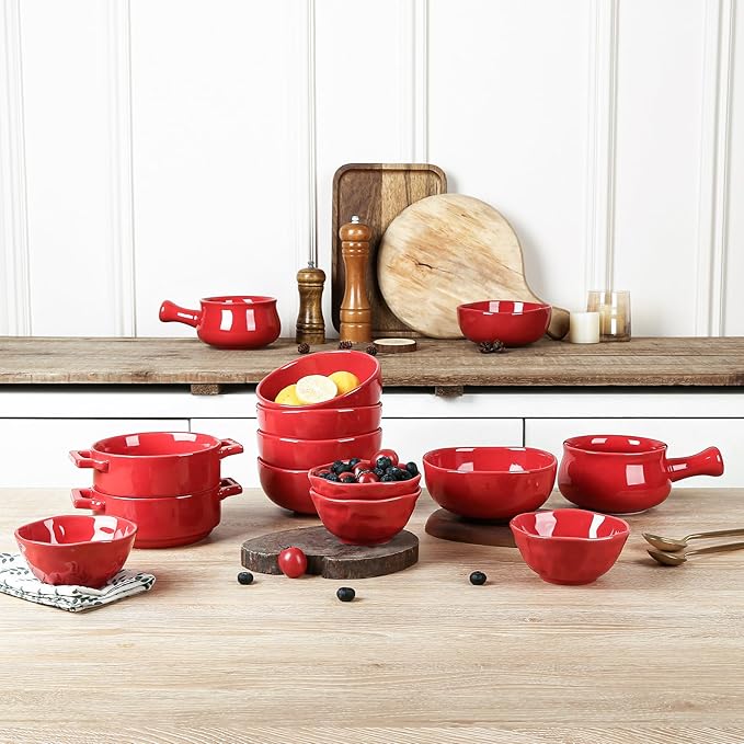 vicrays Ceramic Cereal Bowls Set - Porcelain 26 Ounce Soup Salad Bowls Set - Rice Dessert Cream Bowls Set - Chip Resistant Dishwasher Microwave Safe - Set of 6 (Red)