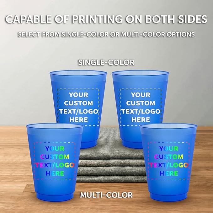 DISCOUNT PROMOS Custom Frosted Plastic Stadium Cups, 50 pack, Promotional Text, Logo, 16 oz. Shatterproof Flexible Reusable Party Cups, Blue