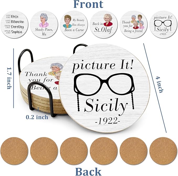 6 PCS Golden Girls Cork Coasters for Drinks,Golden Girls TV Show Merchandise,Funny Set with Coaster Holder,Golde Girl Kitchen Decor,Golde Girl TV Themed Coasters Gifts for Fans