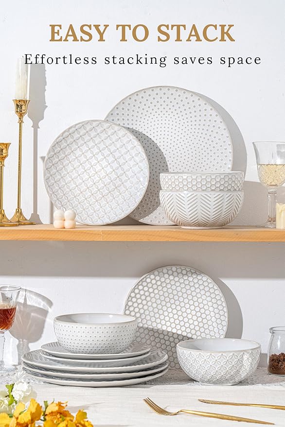 24-Piece Ceramic Dinnerware Set with Mugs,Complete Plates and Bowls Set for 6,Stylish Dish Set with Coffee Cups for Hosting, Families, & Gift Giving