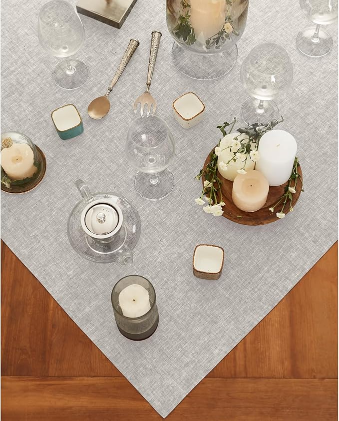 Solino Home Linen Tablecloth 52 x 52 Inch - 100% Pure Linen Square Table Throw - Athena, Machine Washable Oyster Grey Tablecloth for Spring, Easter