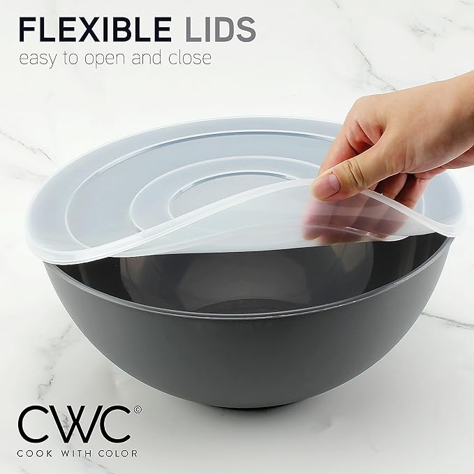 COOK WITH COLOR Plastic Nesting Mixing Bowls Set - 12 Piece includes 6 Prep Bowls and 6 Lids, Microwave Safe (Gray Ombre)