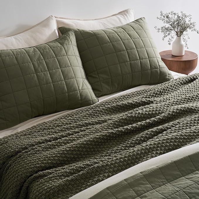 EVERGRACEHOME Chunky Chenille Knit Throw Blanket for Couch, Soft Luxurious Oversized King Moss Stitch Blanket for Bed, Large Cozy Farmhouse Knitted Throw for Sofa, Olive Green, 92" x 108"