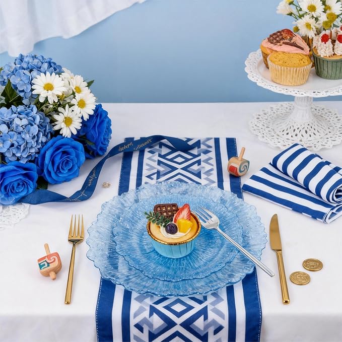 U-QE 60PCS Clear Blue Plates - Blue Plastic Hanukkah Plates Disposable&Reusable - Heavy Duty Plastic Plate for Hanukkah, Party&Wedding Including 30 Dinner Plate 10" & 30 Appetizer Plate 7"