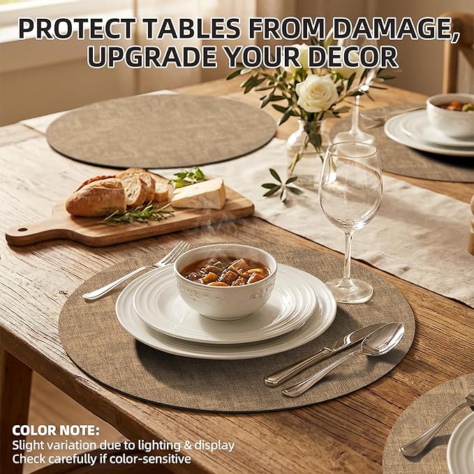 15 inch Faux Leather Round Placemats Set of 6 Non-Slip Washable Wipeable Table Mats, Heat Resistant Waterproof Oilproof Brown Place Mats for Kitchen, Dining, Party, Indoor, Outdoor