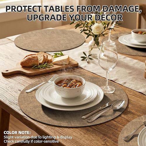 15 inch Faux Leather Round Placemats Set of 4 Non-Slip Washable Wipeable Table Mats, Heat Resistant Waterproof Oilproof Brown Place Mats for Kitchen, Dining, Party, Indoor, Outdoor