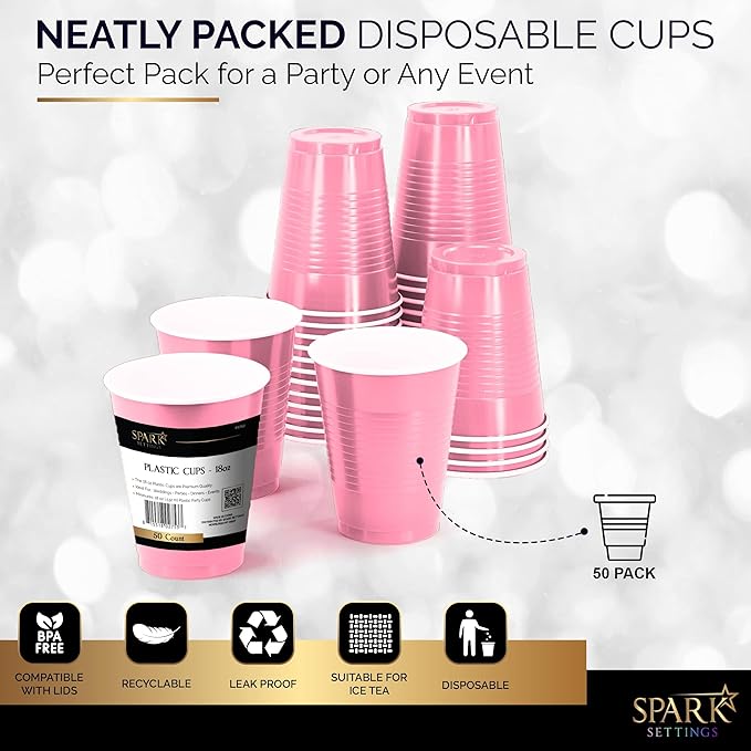 Disposable Cups, Pink 18-Ounce Plastic Party Cups, Strong and Sturdy for Wedding, Christmas, Halloween, 100 Pack