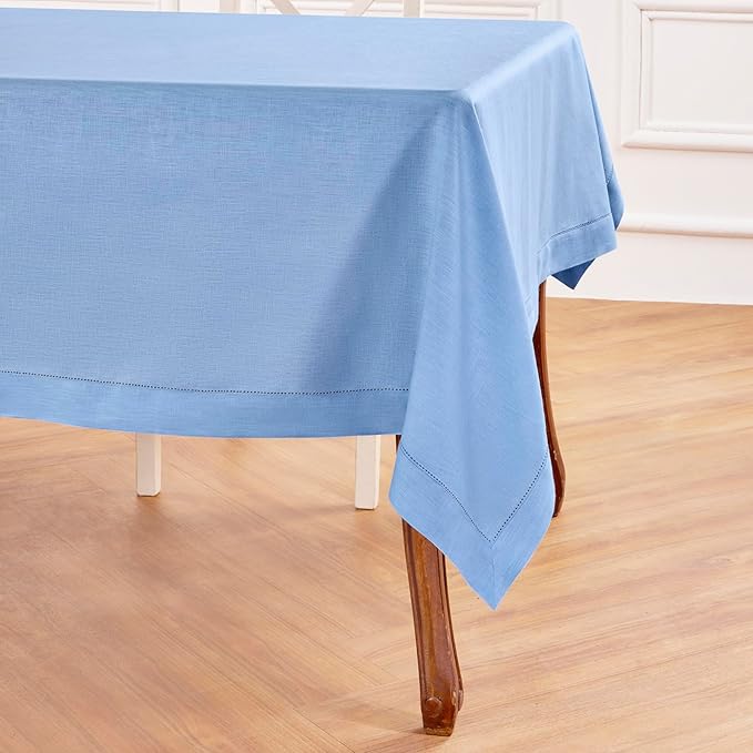 Solino Home Cornflower Blue Linen Tablecloth 60 x 132 Inch - 100% Pure Linen Hemstitch Table Cloth for Rectangle Tables - Classic Hemstitch, Machine Washable Tablecloth for Winter, Spring, Easter
