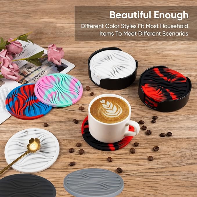 6 Pack Rubber Drink Coasters,Coasters for Drink with Holder,Silicone Cup Mat Non-Stick,Non-Slip,Thickened Live for Hot or Cold Drink-Pure Gray