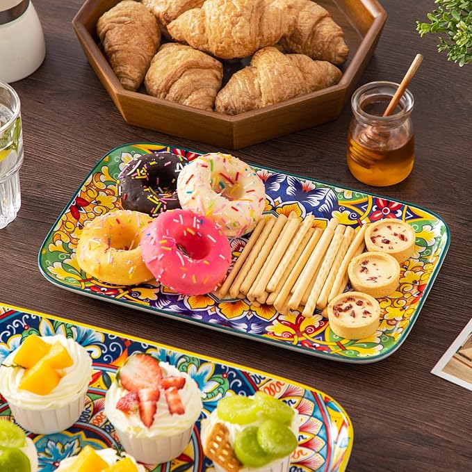 vancasso Serving Platters Set of 3, 16"/14"/12" Inch Rectangular Trays - Extra Large, Ceramic Bohemian Serving Dish for Entertaining Food, Microwave & Dishwasher Safe, Vintage