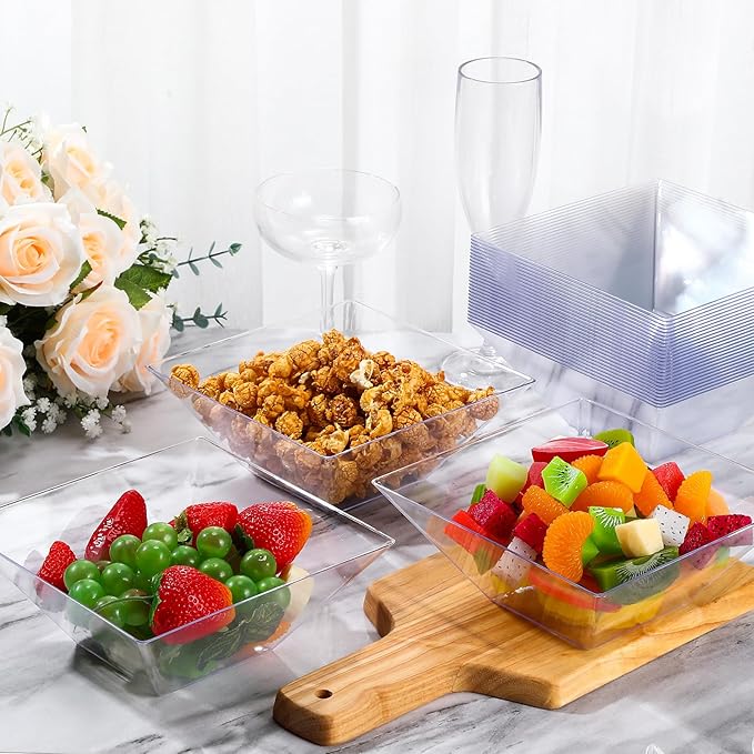 Tioncy 30 Pcs Square Plastic Serving Bowls, Medium Salad Fluted Plastic 35 oz Disposable Serving Bowls Containers for Parties, Snack, Buffet, Chips(Clear,Classic)