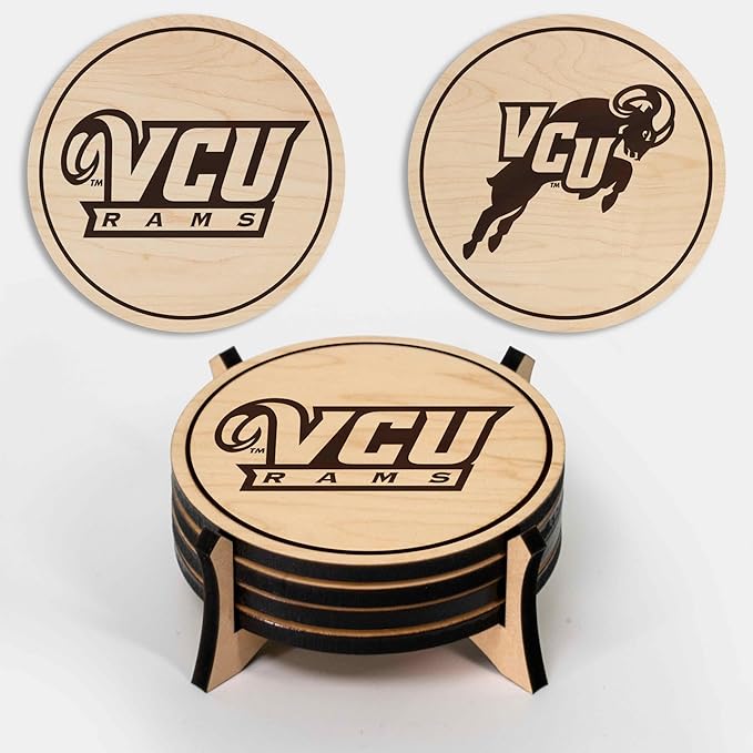 LazerEdge Virginia Commonwealth Wooden Coaster Set - Maple Wood - Officially Licensed Product - 4-Pack