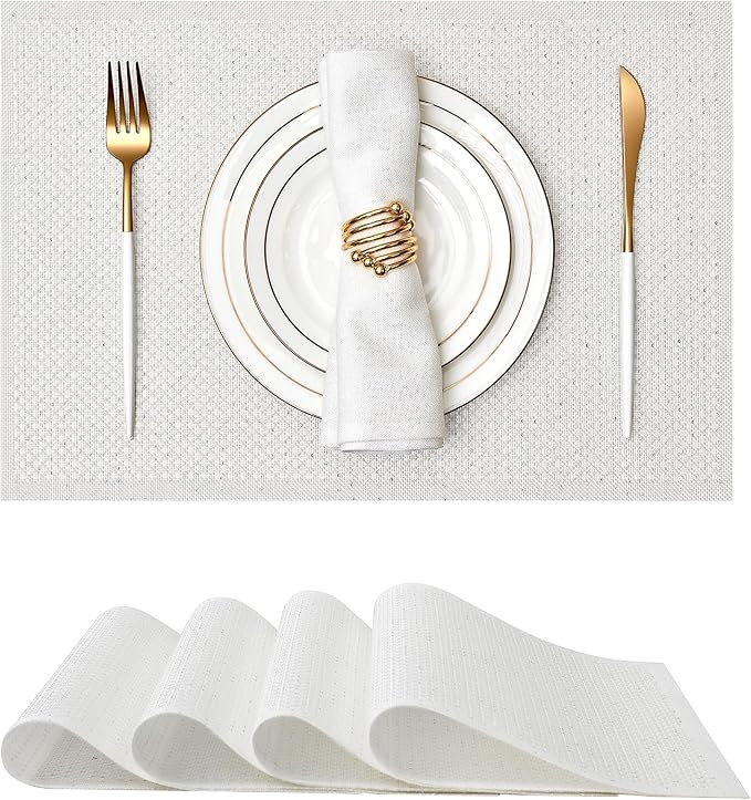 Leetaltree Luxury Crystal White Sequin Placemats Set of 6 - Waterproof Washable for Wedding, Anniversary, Daily Use - Sparkling Table Decor - Hand-Cut