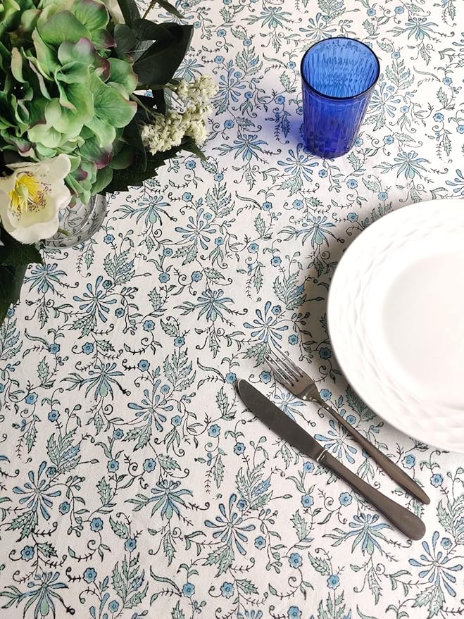 ATOSII Aster Blue 100% Cotton Rectangle Boho Fall Tablecloth, Handblock Floral Table Cloth Linen for Kitchen Dining I Parties Wedding Outdoors Christmas Thanksgiving I Fall Home Decor 60 X 108 Inches