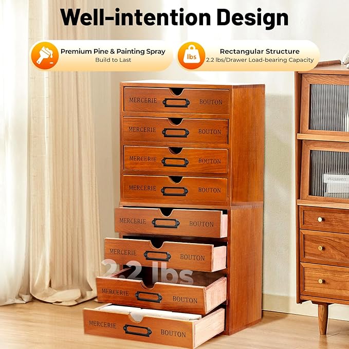 4PCS Stackable Wooden Desk Organizer with Total 16 Drawers, Apothecary Cabinet Library Card Catalog Cabinet Tabletop Vintage Apothecary Chests Cabinets Herb Storage Box with Drawers