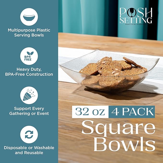 Posh Setting - Gold Glitter Plastic Serving Bowls for Party (32oz - 4 Pack) Square, Disposable, Candy Containers for Candy Buffet