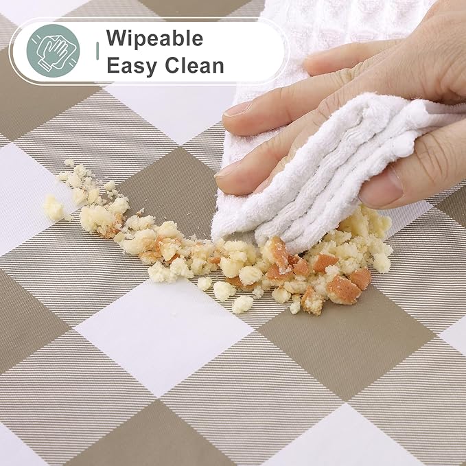 misaya 2 Pack Waterproof Vinyl Table Cloth, Buffalo Flannel Backed Tablecloth, Wipeable Plastic Table Cover for Dinner, Kitchen, Outdoor (60" x 84", Khaki and White)
